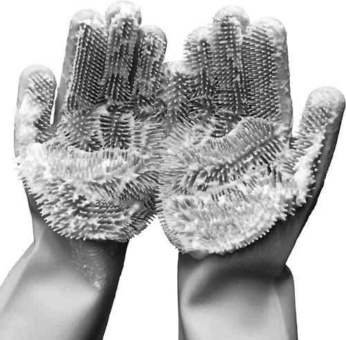 Miniatura 3 de Guantes de silicona para lavar platos, guantes de goma para el aseo de mascotas para fregar platos, lavado con esponja con estropajos