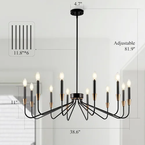 Miniatura 4 de Candelabro negro de 38 pulgadas, moderna lámpara de vela de granja, 12 luces, grande, negro y dorado, para comedor, techo alto, latón, sala