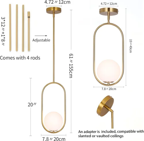 Miniatura 2 de SeeU Iluminación colgante moderna dorada con globo, lámpara colgante de un foco estilo siglo medio, lámpara colgante de longitud ajustable