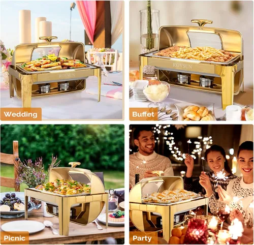 Miniatura 2 de ROVSUN Juego de platos de 9 cuartos de galón para bufé, juego de bufé de platos de rozamiento enrollable de acero inoxidable y calentadores de bufé