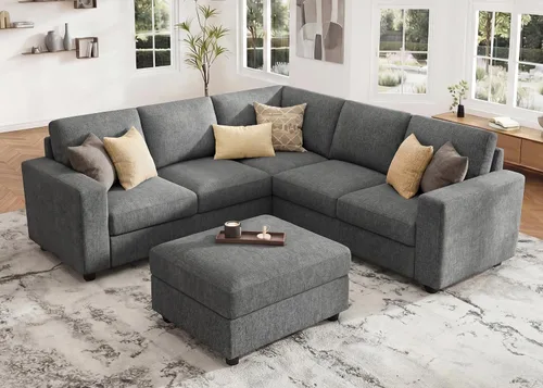Miniatura 19 de HONBAY Sofá modular de pana con almacenamiento en forma de L para sala de estar, sofá seccional de 6 plazas, color beige