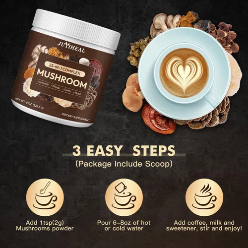 Miniatura 5 de Polvo de hongos 25 en 1, complejo de hongos de 2000 mg - Melena de león, Reishi, Shiitake, Chaga, cola de pavo, Cordyceps y más, mezcla de hongos