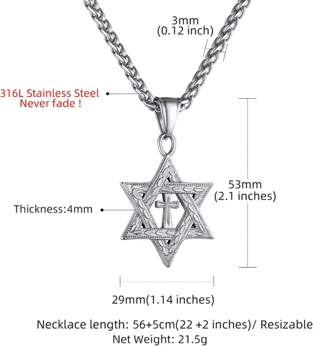 Miniatura 6 de GOLDCHIC JEWELRY David Star Necklace for Men, Stainless Steel Cross Pendant Jewish Israel Jewelry with Water Wave Chain