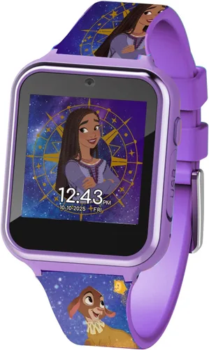 Accutime Disney Wish Purple Asha y Dahlia - Reloj inteligente con pantalla táctil de aprendizaje educativo para niñas, niños, niños pequeños, cámara