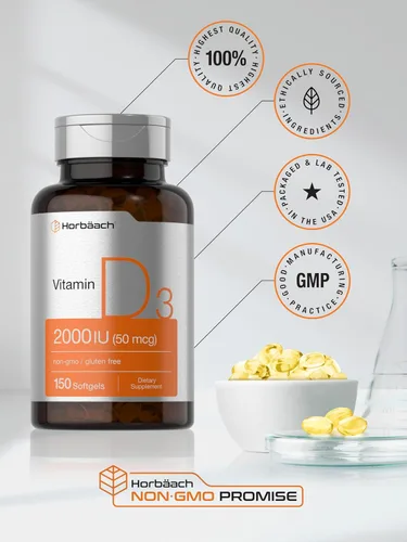 Miniatura 6 de Horbaach Vitamina D3 2000IU cápsulas blandas 150 unidades 50 mcg colecalciferol Suplemento sin OMG y sin gluten