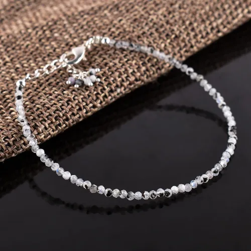 Miniatura 9 de Natural Gemstone Micro Round Beads Dainty Choker Bangle Bracelet, Handmade Jewelry for Women, Healing Chakra Crystals Silver Plated Chain 8 inch