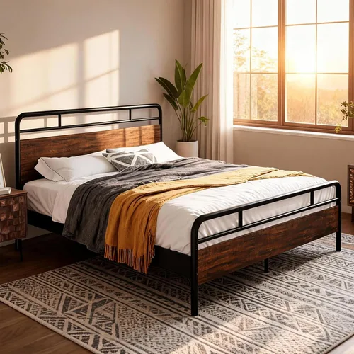 Miniatura 3 de IMUsee Base de cama matrimonial con cabecera de madera industrial, almacenamiento debajo de la cama de 12 pulgadas, base de colchón, no necesita