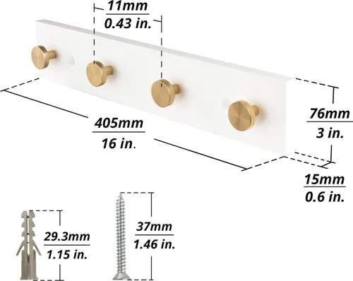 Miniatura 5 de HASWARE Ganchos de pared de 16 pulgadas, perchero de madera con 4 ganchos de pared de aluminio, para sombrero, toalla, bolsa de llaves