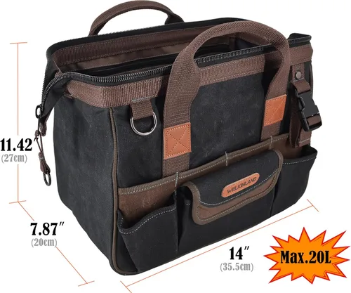 Miniatura 6 de WELKINLAND Bolsa de herramientas de lona de 30 bolsillos, bolsas enceradas de 14 pulgadas de alta resistencia, bolsa de herramientas, electricista