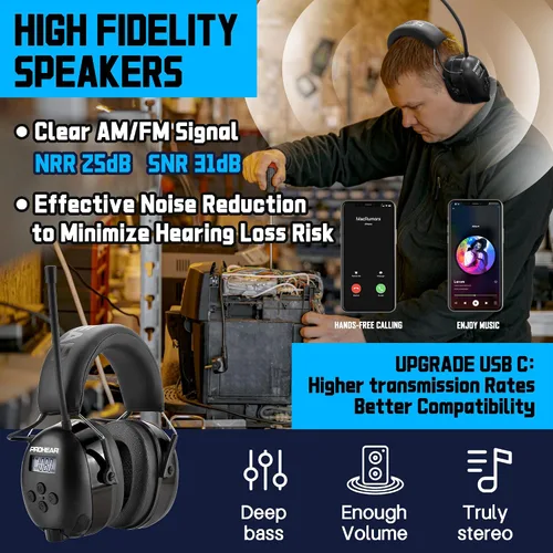 Miniatura 4 de PROHEAR 033 2.0 Auriculares Bluetooth de Protección Auditiva con Radio AM/FM - Orejeras de Reducción de Ruido 31 SNR, Batería Recargable de 50
