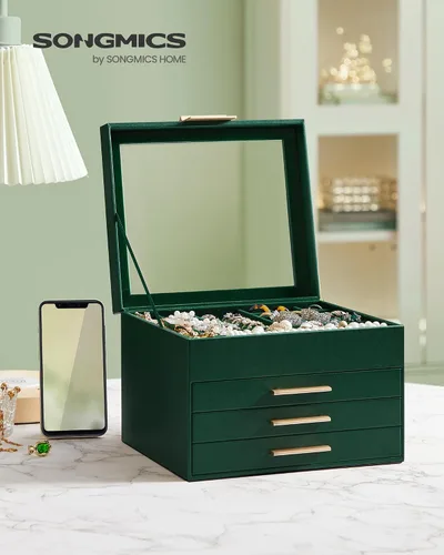 Miniatura 2 de SONGMICS Joyero organizador con tapa de cristal, almacenamiento de joyas de 4 capas, con 3 cajones, estilo moderno, regalo de Navidad, 8 x 9.1 x 6.5