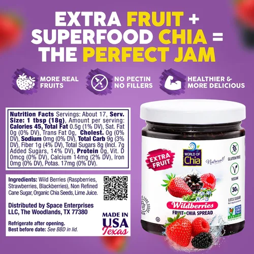 Miniatura 2 de World of Chia Extra Fruit Spread - Todo natural, sin gluten, vegano, bajo en azúcar, Omega 3, Kosher, fabricado en Estados Unidos, verificado sin