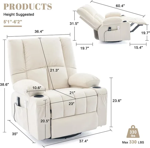 Miniatura 2 de Sillas Reclinables de Gran Tamaño para Adultos, Sillón Reclinable Giratorio Mecedora con Calor y Masaje Lazy Boy, Sillas Reclinables Asiento