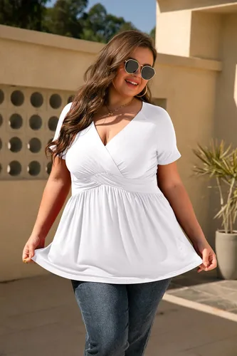 Miniatura 2 de TIANZHU Blusa de manga corta para mujer, talla grande, cuello en V, corte bajo, linda blusa