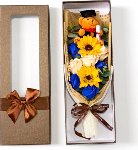 Miniatura 5 de Ansuma Ramo de flores de jabón perfumado de girasol rosa de graduación de 13 pulgadas, mini oso de peluche con tapa de graduación, arreglos Azul