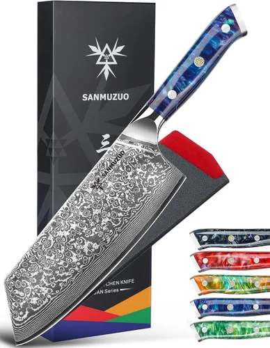 Miniatura 6 de Nakiri - Cuchillo de carnicero de 7.5 pulgadas, serie Xuan, cuchillo de cocina VG10 de acero de damasco, mango de resina (naranja fantasía)