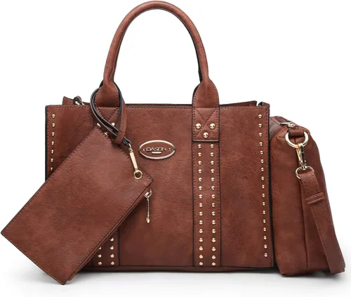 Miniatura 21 de Dasein - Bolsos y carteras de mano para mujer, set de bolso tipo bandolera con asa superior, 3 piezas Beige monograma