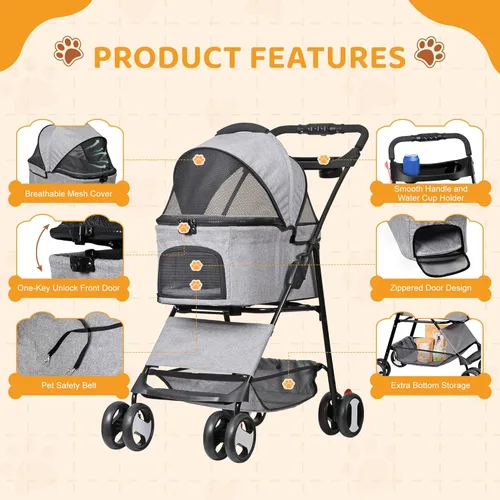 Miniatura 6 de ZENY Cochecito para mascotas, cochecito plegable 3 en 1 para perros y gatos con 4 ruedas, cesta desmontable y soporte para tazas, transportador Gris
