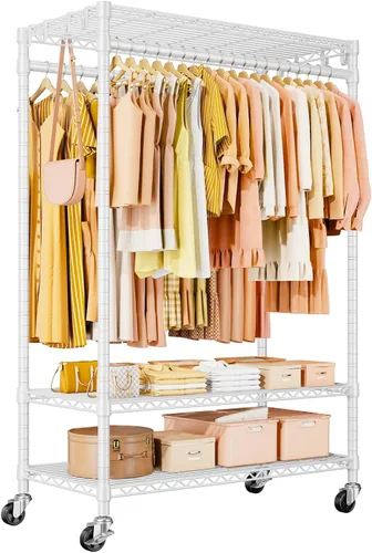 Miniatura 9 de ULIFHOME P7 - Perchero enrollable para ropa, estantes para colgar ropa, estante resistente para prendas con ruedas, estante de clóset portátil de 3