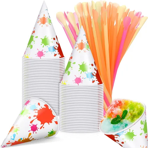 Miniatura 13 de Boao Juego de 100 tazas de cono de nieve de 4.5 onzas y pajitas de papel desechables, jarabe, lunares dorados, a prueba de fugas, suministros
