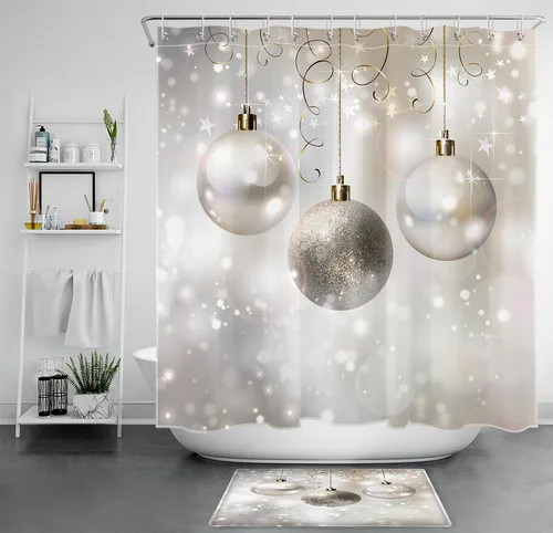 Miniatura 12 de LB Cortina de ducha de Feliz Navidad para baño, bola de Navidad azul marino y cortina de ducha de tela de copo de nieve blanco con ganchos, juego