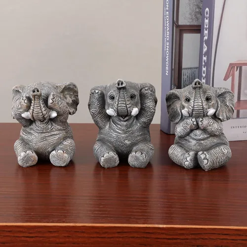 Miniatura 7 de Juego de 3 estatuas de elefante para decoración del hogar, bonitas figuras para estante, sala de estar, dormitorio, oficina, escritorio, estantería