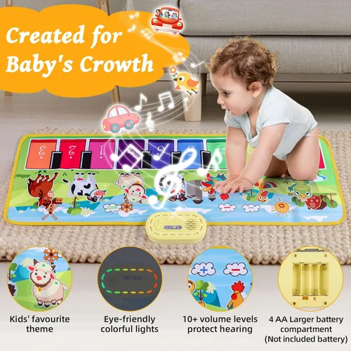 Miniatura 5 de Alfombra de piano de suelo para niños pequeños, alfombra de baile de música educativa sensorial, manta de sonidos de animales, tapete de juego