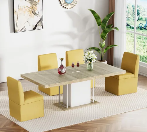 Miniatura 23 de Juego de mesa de comedor extensible para mesa de cocina extensible de 4, 5 piezas y 4 sillas de almacenamiento ocultas de lino tapizadas de madera