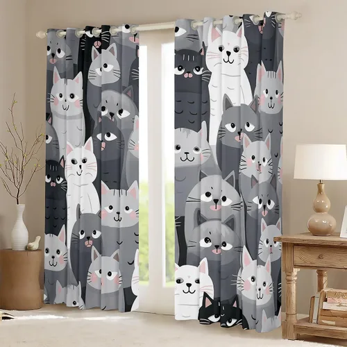 Miniatura 2 de Feelyou Cortinas de ventana de gatos grises y blancos, cortinas de ventana con patrón de mascotas para dormitorio, sala de estar para niños, niñas