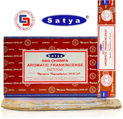 Varillas de incienso aromático Satya Frankincense 180 g (15 g x 12 paquetes) de Satya Sai Baba Nag Champa y paquete de soporte de varillas de