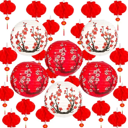 Hibach - Juego de 26 linternas de papel chinas japonesas con flor de cerezo rojo, 12 x 8 pulgadas para temática asiática, cumpleaños, hogar,