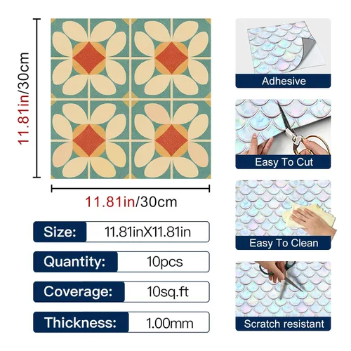 Miniatura 4 de IVN 10 PIEZAS 12x12 Pulgadas Azulejos de Piso con Patrón Floral Retro de Despegar y Pegar, Adhesivos Vinilo Desmontables y Autoadhesivos