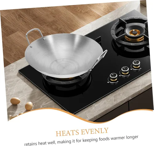 Miniatura 3 de STOBAZA Olla de cocina Sartén de acero inoxidable Sartén de acero Wok de fondo plano para cocinar herramienta de cocina multifunción