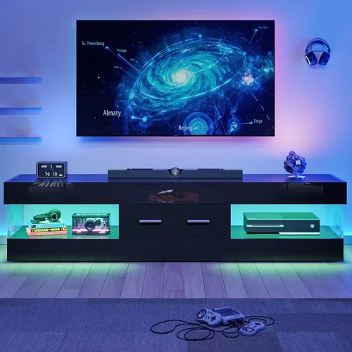 Miniatura 11 de Bestier Soporte de TV negro para TV de 55/60/65 pulgadas, soporte de TV moderno de alto brillo con paneles laterales con estampado de piedra, centro