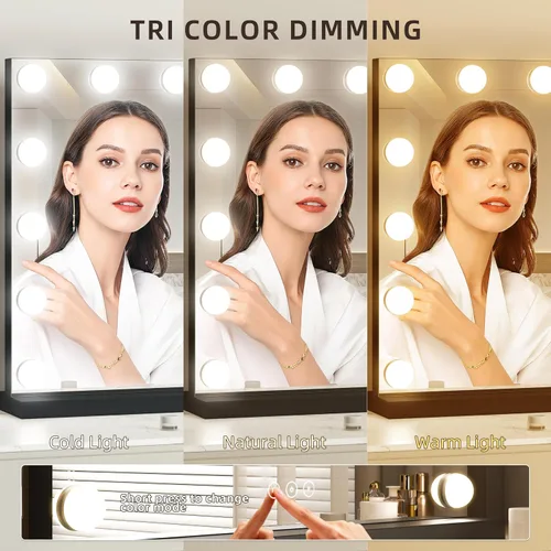 Miniatura 3 de Espejo de tocador con luces, espejo de maquillaje iluminado con bombillas LED regulables, 3 modos de iluminación de color, puerto de carga USB, Negro