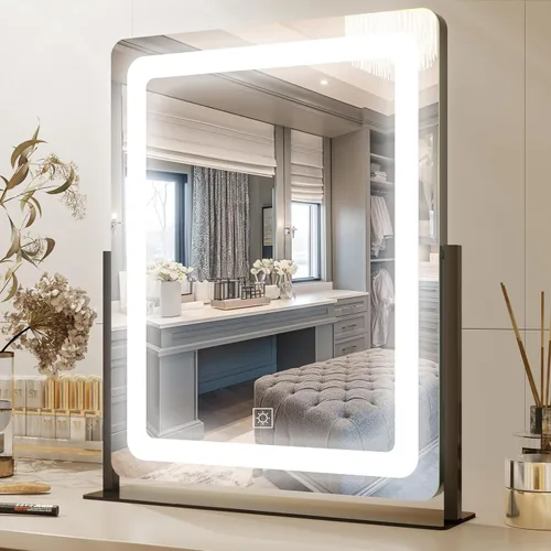PRIMETEK Espejo de tocador con luces, espejo de maquillaje grande de 19 x 22 pulgadas con luces, espejo de maquillaje iluminado LED, pantalla táctil