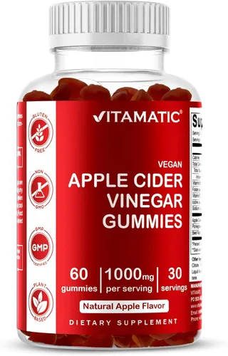 Vitamatic Gomitas de vinagre de sidra de manzana, 1000 mg por porción, 60 gomitas veganas, gomitas ACV para desintoxicación, apoyo para la pérdida
