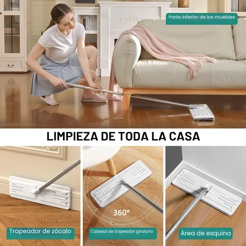 Miniatura 4 de JOYMOOP Sistema de trapeador plano y cubo de microfibra, trapeadores para limpieza de suelos y limpiador de paredes, madera dura, azulejos, Blanco