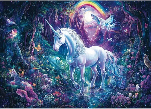 Rompecabezas para adultos de 1000 piezas, rompecabezas de 1000 piezas de unicornio con purpurina de arcoíris de fantasía, rompecabezas de bosque de
