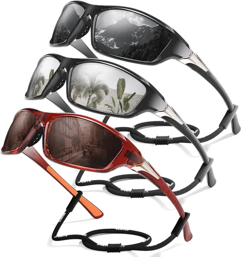Miniatura 9 de Paquete de 3 lentes de sol deportivos polarizados para hombres, gafas de sol masculinas envolventes con protección UV para ciclismo, pesca