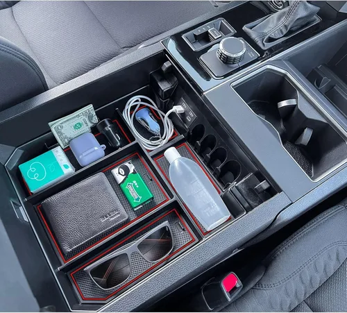 TOPINSTALL Bandeja de consola roja de tamaño completo compatible con Toyota Tundra 2022-2026 / Sequoia Accessories 2023-2026 Bandeja de Rojo