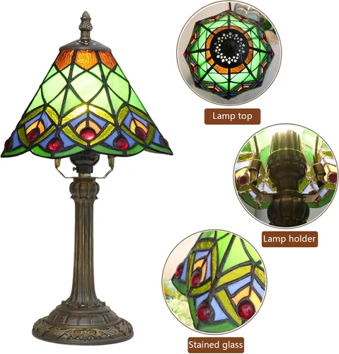 Miniatura 4 de Lámpara de mesa pequeña Tiffany verde de vidrio teñido con cola de pavo real para dormitorio, estilo retro, decoración única, linda y divertida