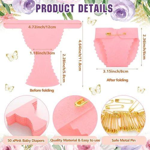 Miniatura 4 de BBTO 51 piezas de pañales sucios para baby shower, juego de mariposa para baby shower, divertido letrero de madera, 50 piezas, mini pañal de fieltro