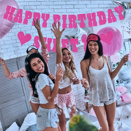 Miniatura 3 de Cartel de feliz cumpleaños, decoraciones de fiesta de cumpleaños de 18 años, con purpurina rosa de dieciocho cumpleaños, para fiesta de cumpleaños