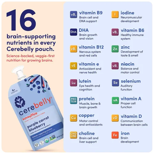 Miniatura 5 de Cerebelly Bolsas de comida orgánica para bebés, batidos de zanahoria morada y arándanos sin lácteos, 16 nutrientes, sin azúcar añadido, fibra y sin