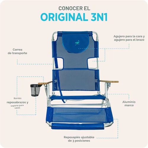 Miniatura 6 de Ostrich 3N1 Silla reclinable ligera para césped, playa, reclinable con reposapiés, Muebles de exterior para patio, balcón, patio trasero o porche
