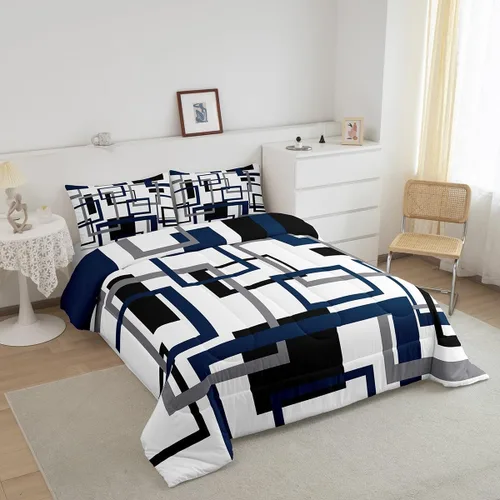Miniatura 2 de Erosebridal Edredón Cuadrado para Niños y Niñas, Juego de Ropa de Cama Negro y Gris Blanco Azul Marino, Juego de Edredón Geométrico Completo