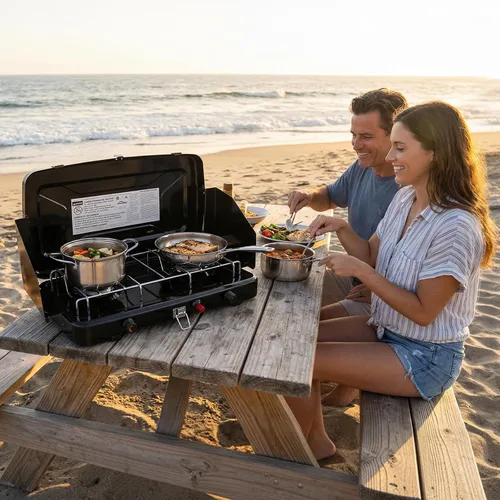 Miniatura 7 de FineFlame Estufa de campamento, estufa de campamento portátil de propano con regulador, encendido instantáneo con botón, quemadores ajustables