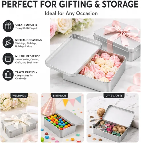 Miniatura 5 de Paquete de 8 cajas de latas de metal vacías con tapa, latas de galletas rectangulares de metal plateado para golosinas, regalos, regalos, velas