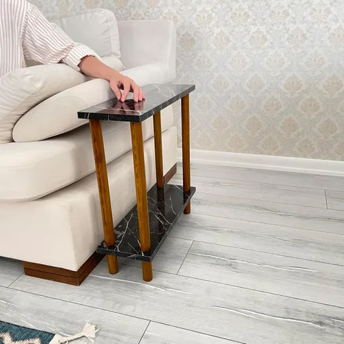 Miniatura 3 de Narrow Small Places - Mesa auxiliar moderna de mármol sintético para sofá sala de estar, mesa auxiliar minimalista delgada de 2 niveles con estante